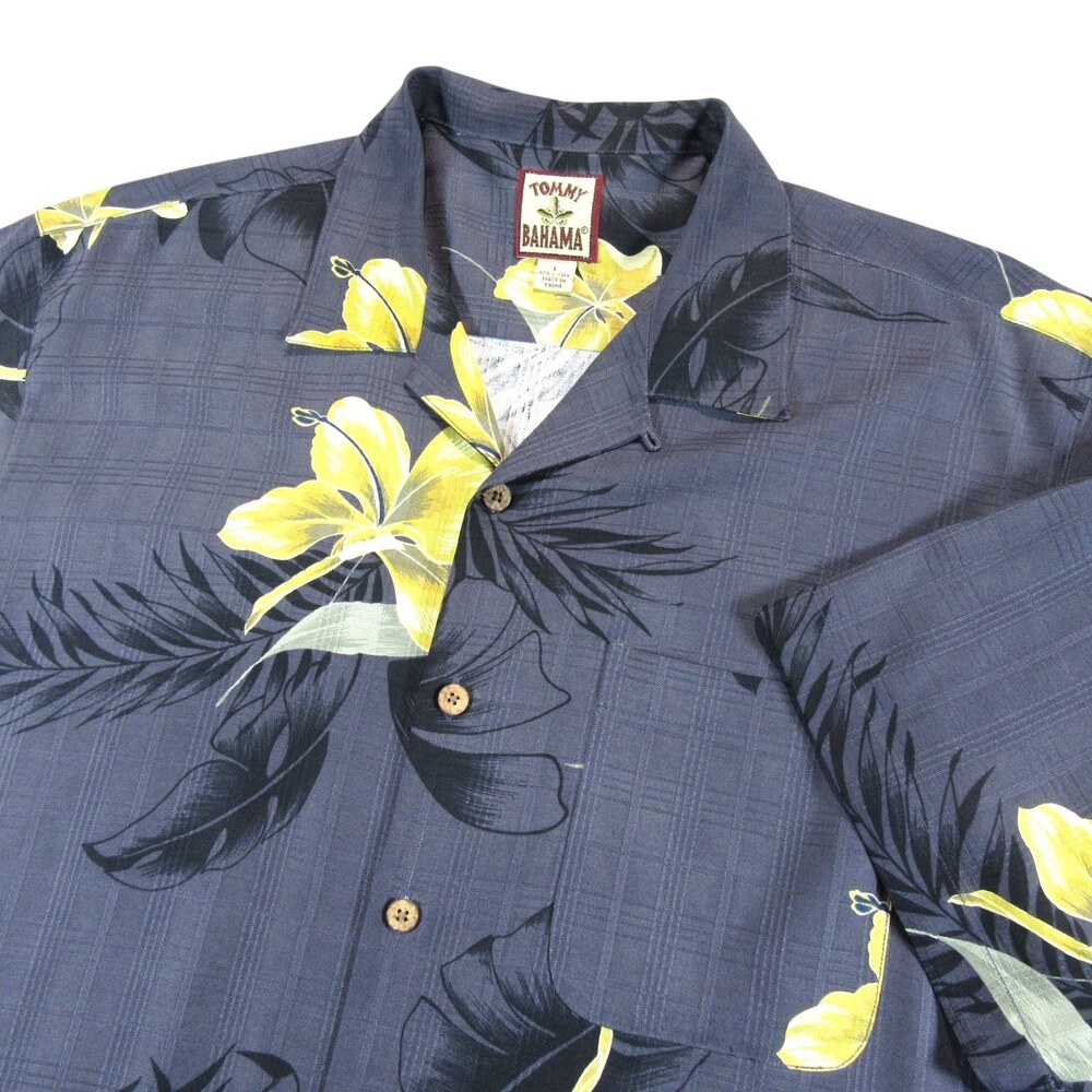 Tommy Bahama Mens Shirt L Gray Yellow Floral Silk Loop Collar Camp Resort Pocket